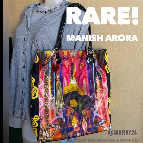 RARE! MANISH ARORA SHOULDER BAG TOTE lightweight colorful patent straps pockets - Picture 1 of 14